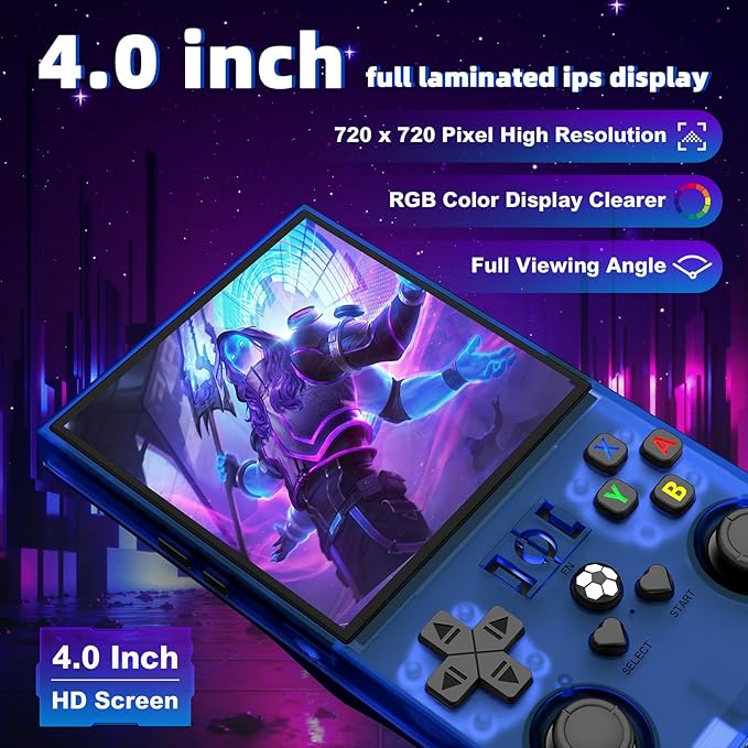 R36MAX Retro Handheld Game Console, Retro Gaming Console with 64G Built-in 18000+ Classic Games, 4.0 Inch 720x720 IPS Screen, Portable Handheld Linux System, 4000mAh Battery (Blue)