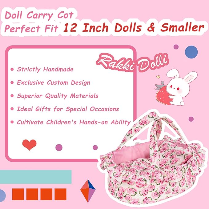 Doll Carry Cot Set, Soft 3PC Set Includes Cot, Mattress and Pillow, Pink Flower Doll Bassinet, Fits for 10-12 Inch American Girl Dolls