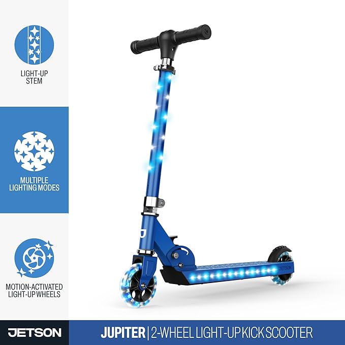 Jetson Jupiter Kids 2-Wheel Light-Up Kick Scooter, LED Lights on Handlebar, Stem, Wheels & Deck, Adjustable Handlebar, Rear Brake, Easy-Folding Mechanism, Ages 5+