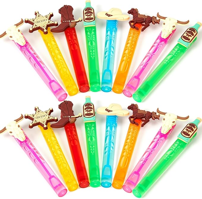 Winrayk Western Cowboy Party Favors, 24Pcs Self-designed Mini Bubble Wands for Kids Bubbles Bulk & Detachable Topper (6 Styles & Colors), Birthday Gift Pinata Filler Goodie Bag Stuffer Classroom Prize