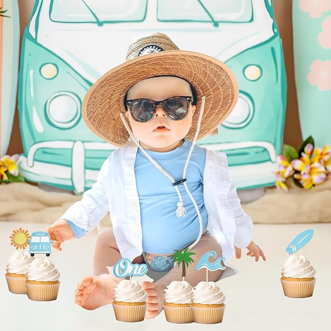 24 Pack The Big One Surfing Theme First Birthday Cupcake Toppers Summer 1st Birthday Party Decorations Picks for Summer Beach Party Supplies (1st Birthday)