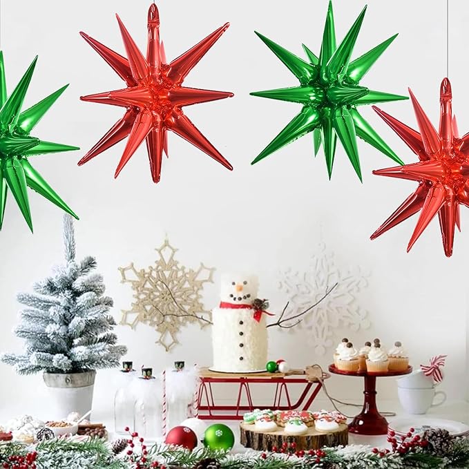 TONIFUL 4 Pcs 22inch 4D Red Green Explosion Star Mylar Balloons 14Point Star Balloons for Party Decorations Backdrop Christmas,New Year Birthday, Wedding Baby Shower Anniversary Photo Booth Supplies