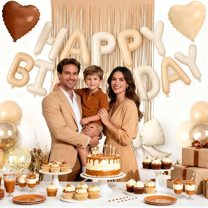 29PC Heart Bow Cream Happy Birthday Balloon Banner, 16Inch 3D Aluminum Letter Banner Sign, Apricot Brown Sand White Gold Confetti Balloons 18 Inch Apricot Foil Balloons for Bow Decorations