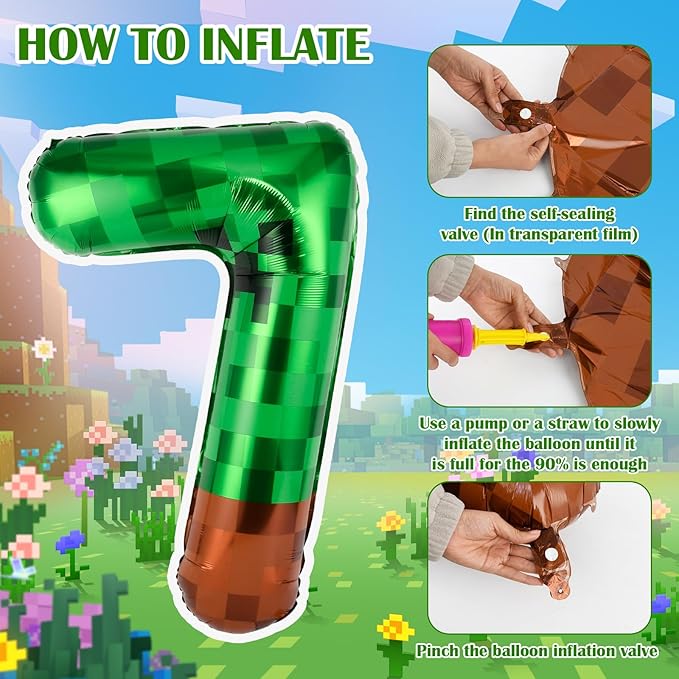 40 Inch Green Pixel Miner Number 7 Balloon Set, 7Pcs MIning Large Foil Balloon Video Game Themed Party Party Decorations for Kids' Anniversary Balloon Party Supplies Supplies