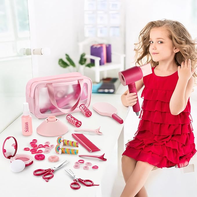 GAGAKU Kids Pretend Play Hair Salon Set, Pink, 36 Piece Beauty Styling Accessories Kit with Toy Dryer, Scissors, Combs for Girls