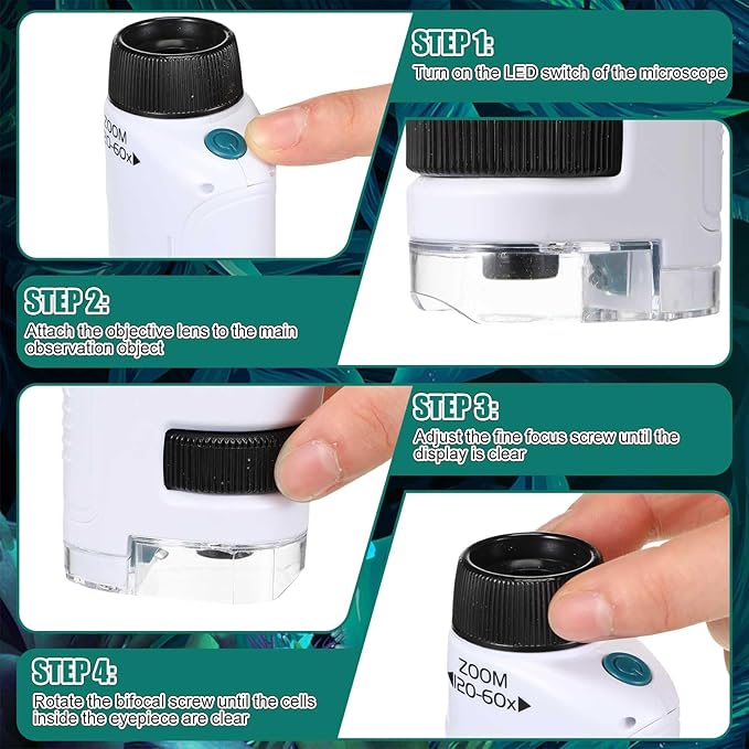 6 Pack Pocket Microscope, 60x-120x LED Lighted Portable Mini Handheld Microscope for Education, Learning, Exploring, and Outdoor Playing, White