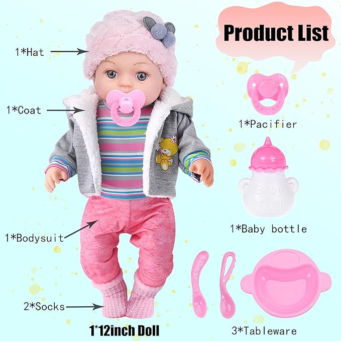 12 Inch Realistic Baby Doll with Outfits & Feeding Accessories - Lifelike Baby Doll with Pacifier, Bottle & Feeding Set, Ideal Gift for Toddler Girls Age 3+