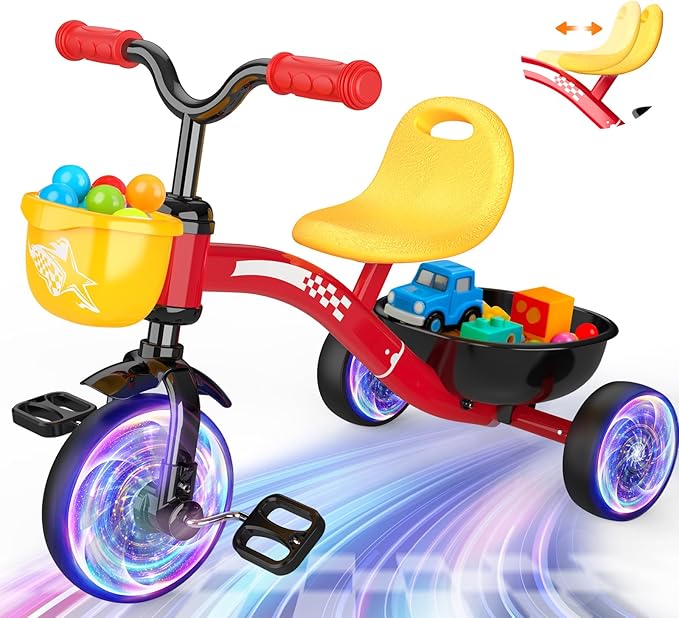 Toddler Tricycle for 1-3 3-5 Year Olds, 2 3 4 5 Year Old Boys Girls Birthday Gifts, Toddler Baby Bike, Outdoor Toys for Ages 2-4, 4-Level Adjustable Seat, 3 Colorful Lighting Wheels, 2 Baskets