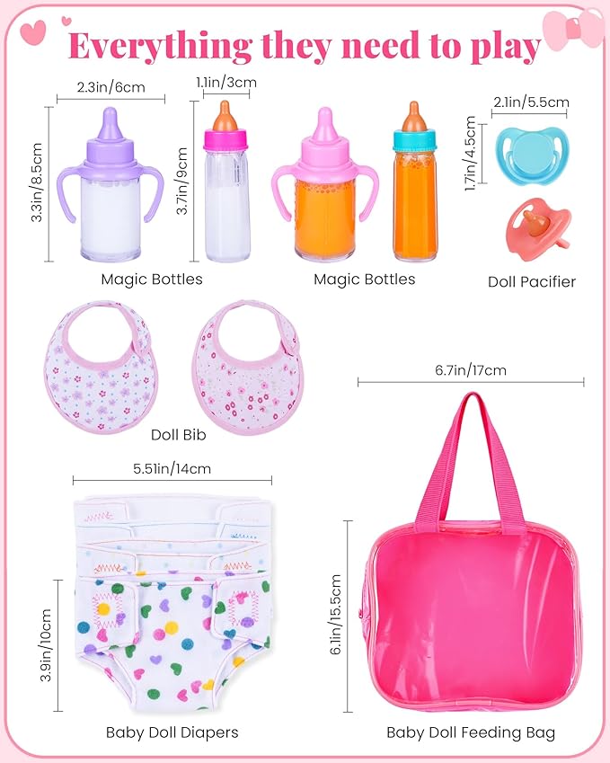 BABESIDE Baby Doll Accessories – 13 Pcs Feeding Set with Magic Bottles, Pacifiers, Bibs, Diapers & Carry Bag, Pretend Play Kit for 12–15 Inch Dolls