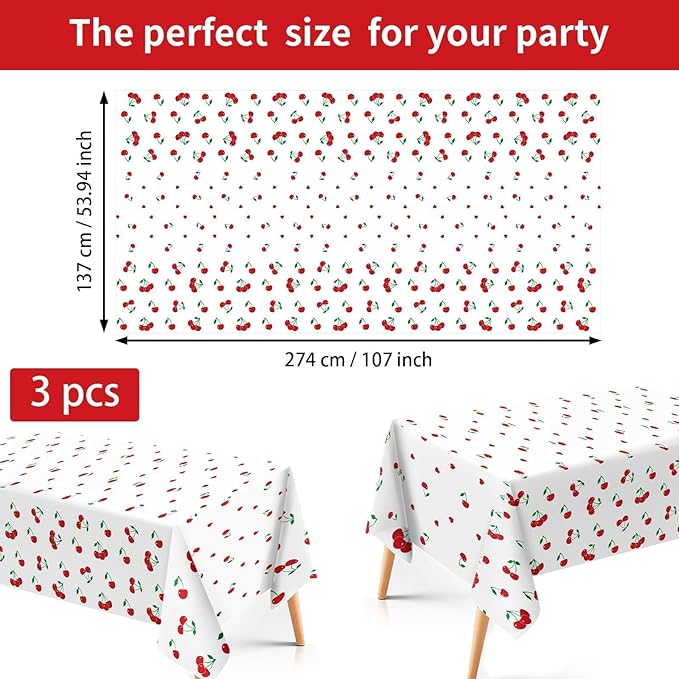 Grencian 3Pcs Cherry Tablecloth Cherry Table Cover Plastic Rectangle Fruit Theme Table Cloth for Cherries Birthday Wedding Bridal Baby Shower Party Decorations, 54 X 108 Inch