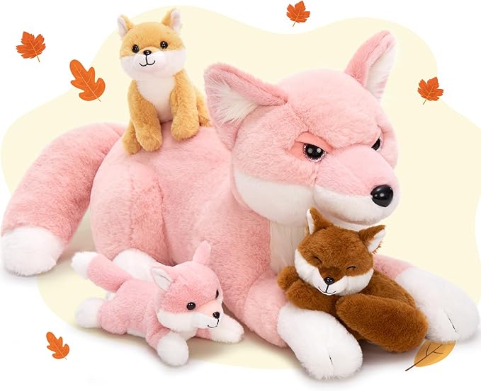 4Pcs Fox Stuffed Animal Set, Large Mommy Pink Fox Plush 22 Inch with 3 Baby Foxes in Her Zippered Tummy, Stuffed Fox Plushie Toy for Girls and Kids