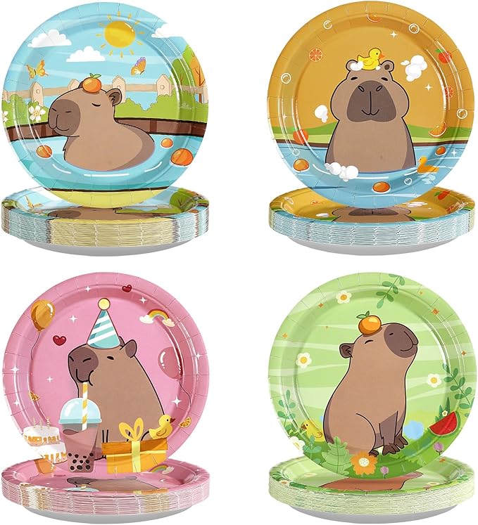 60Pcs Capy Paper Plates 7" Disposable Heavy Duty Cute Cartoon Capibara Dessert Paper Plates Animal Capybaras Themed Tableware Set for Kids Kapybara Birthday Baby Shower Party Decorations