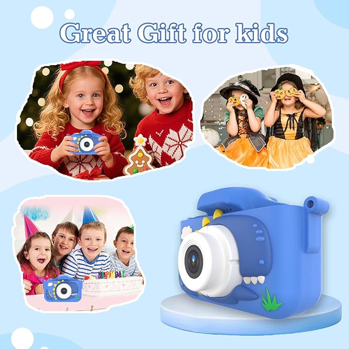 Kids Camera for 3-9 Year Old Boys Girls, Children Digital Camera with Cute Cartoon Soft Cover & 32GB SD Card, Best Christmas Birthday Gifts for Grandkids, Halloween Party Favors for Kids - Blue