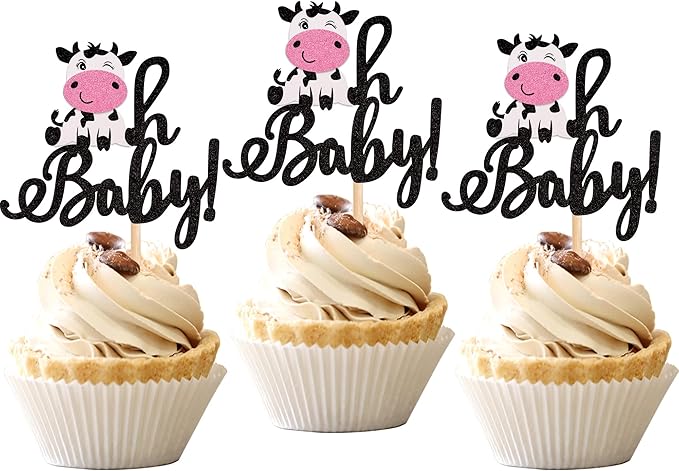 24 PCS Cow Oh Baby Cupcake Toppers Glitter Farm Animals Oh Baby Cow Cupcake Picks Gender Reveal Theme Baby Shower Kids Boys Girls Birthday Party Cake Decorations Supplies