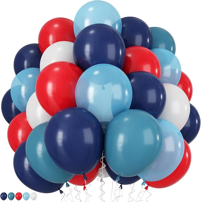 Red Blue White Balloons, 12Inch 60Pcs Retro Navy Blue Matte Red and White Balloon, Royal Blue and Scarlet Latex Balloons for Boys Men Birthday Hero Theme Baseball Party Labor Independence Day Decor
