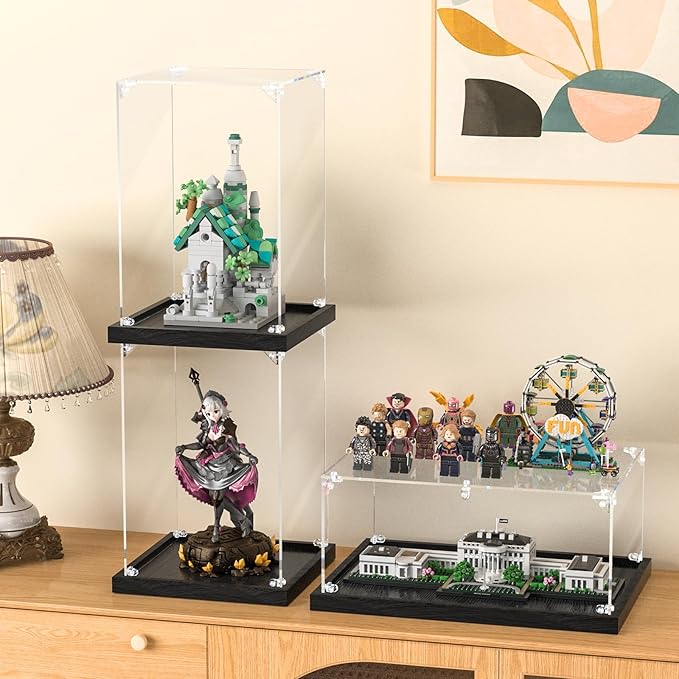 Acrylic Display Case for Collectibles Assemble Clear Acrylic Boxes for Display Lego Action Figures Doll Hobby Toys, Black Base (10 x 10 x 16 inches, 25 x 25 x 41cm)
