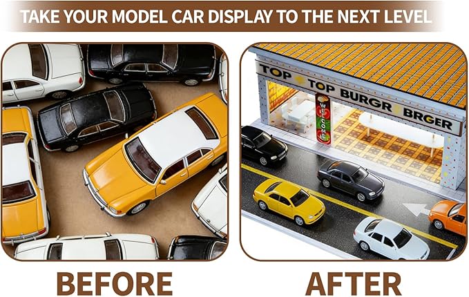 1/64 Model Car Display Shop Case for Adults, Premium in-House-Design Scale Diecast Parking Garage for Toy Cars, Toys Car Garage, Scenic Diorama Display Car Park with ith LED Lamps, Gifts for Men