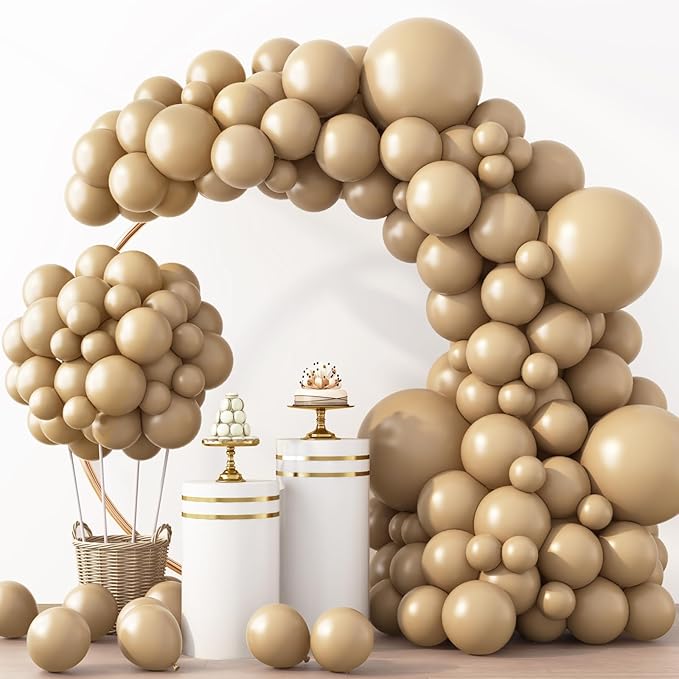 RUBFAC Vanilla Brown Balloons 129pcs Different Sizes Pack of 18 12 10 5 Inch, Latex Light Brown Balloon Garland Arch Kit for Wedding Baby Shower Birthday Party Decorations