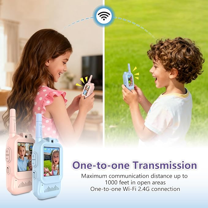 Video Walkie Talkies for Kids, 2 Pack Rechargeable Kids Walkie Talkies, Screen Display and Voice Changer, Indoor Outdoor for Boys and Girls, Age 3-12 (Blue & Pink)