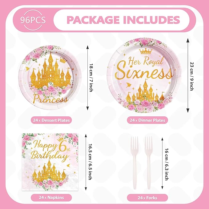 96Pcs Princess Birthday Party Supplies Princess 6th Birthday Party Plates and Napkins Disposable Pink Gold Pastel Castle Tableware Set for Girl Six Years Old Fairytale Decorations Serves 24