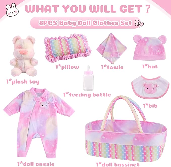 BABESIDE 8 Pcs Reborn Baby Doll Clothes with Bassinet for 17-22 Inch Babydolls, Reborn Baby Doll Accessories fit Realistic Dolls Girls, Colorful Baby Dolls Clothes