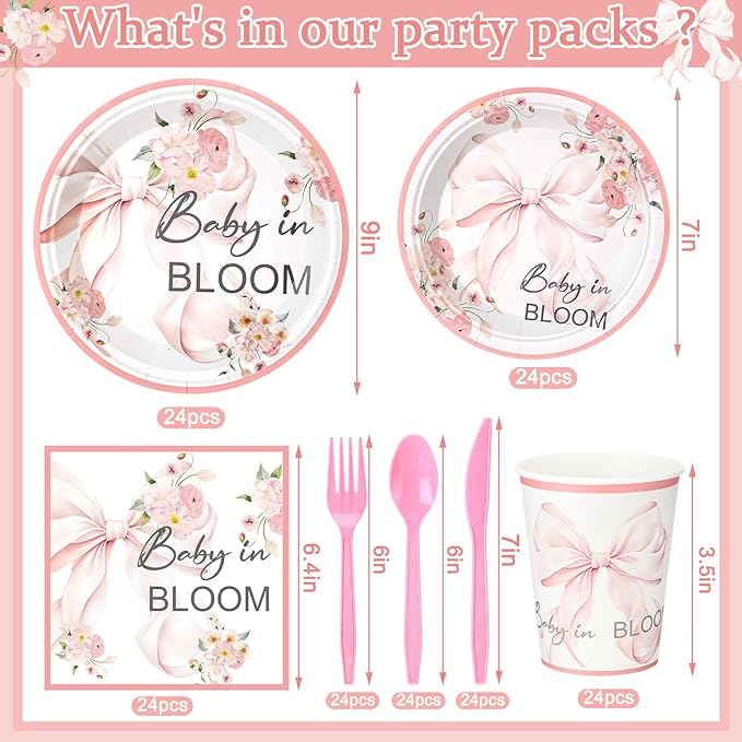 24 Set Baby in Bloom Wildflower Floral Party Tableware Set for Baby Shower Girl Birthday Decorations Coquette Pink Girl Bow 9" 7" Paper Plates Cups Napkins Party Supplies Dinnerware
