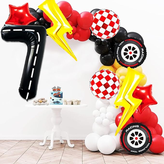 Race Car Birthday Party Decorations Large Lightning Bolt Foil Balloons Race Car Balloons 40 Inch Racetrack Number 7 Balloon for Boys 7th Race Car Birthday Party Decor Supplies