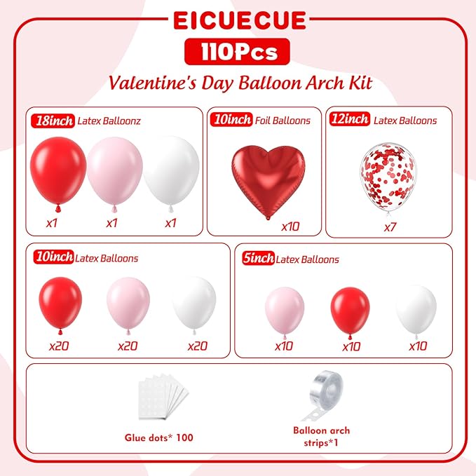 Valentines Day Balloons Garland Arch Kit - Different Size Red Pink White Balloons and Heart Foil Balloons for Valentine's Day Galentine's Day Engagement Anniversary Party Decoration Supplies