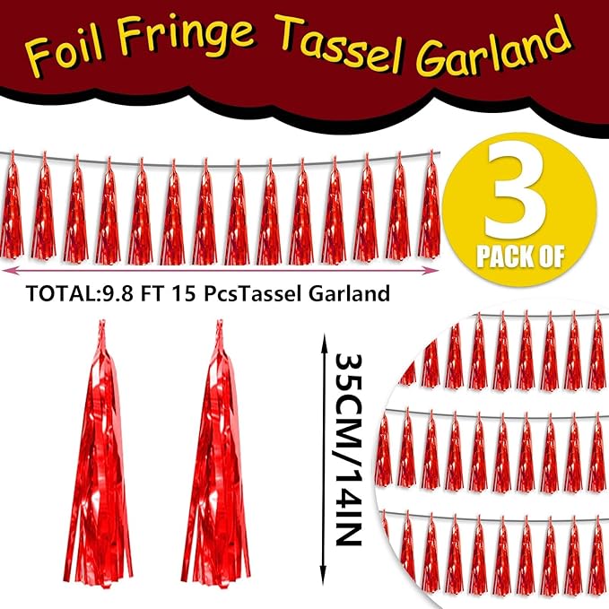 3P Metallic Fringe Tassel Banner Garland Foil Tinsel Streamer Wall Hanging Curtain Backdrop Banner for Parade Floats,Graduation Decorations, Wedding Party Decoration(Red)