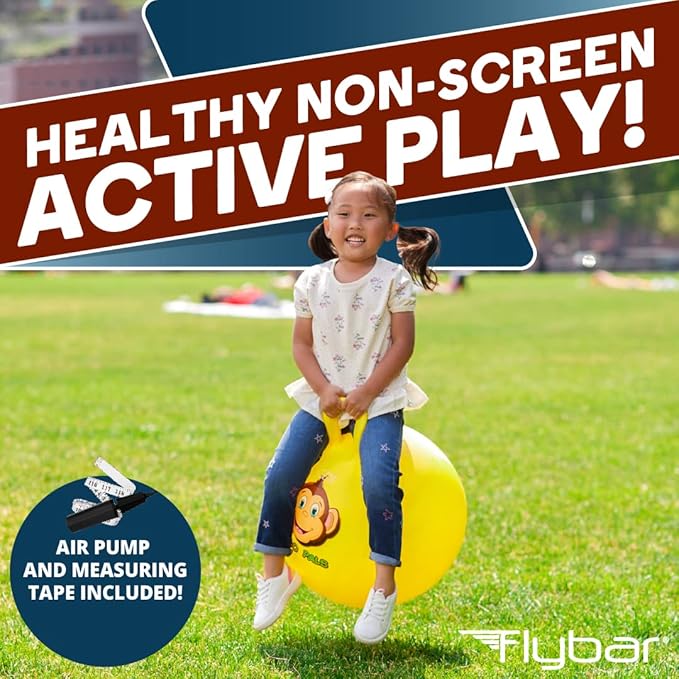 Flybar Hopper Ball for Kids, Inflatable Bouncy Ride-On Ball w/Handle for Indoor & Outdoor Active Play, Includes Pump, Jump Ball Toy for Boys & Girls, Supports Up to 165 lbs, Ages 3+, 18-Inch, Small
