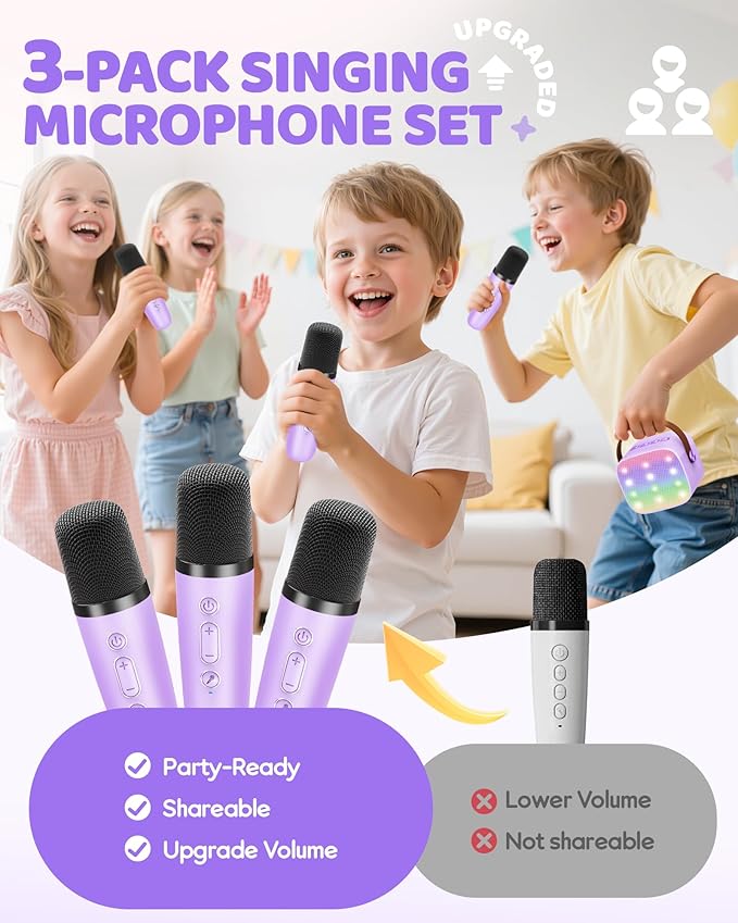 Upgraded Mini Karaoke Machine with 3 Wireless Microphones Toy for Kids, Birthday Gifts for Girls Boys, Portable MP3 Player for Ages 3, 4, 5, 6, 7, 8, 9, 10, 11, 12+ Year Old Family Party (Purple)