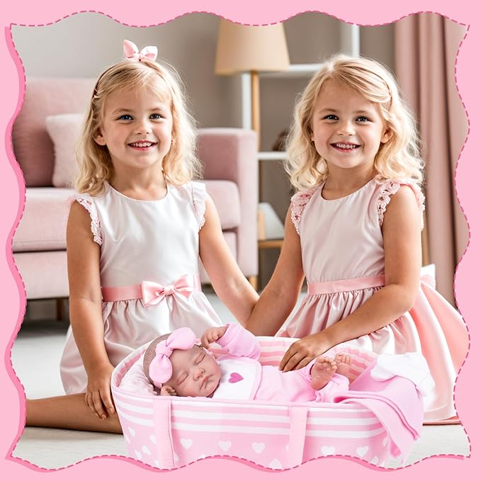 Aori Reborn Baby Dolls Bassinet Foldable Baby Doll Carrier Bed Soft Doll Carrier Doll Accessories with Handle for 17-22 inch Baby Dolls Girls (Pink)