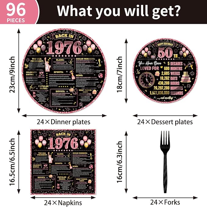 96Pcs 50th Birthday Decorations Women Tableware Set Rose Gold Back in 1976 Paper Plates Napkins Forks Cheers to 50 Years Disposable Tableware Decor for 50th Bday Theme Party Favor Serve 24 Guests