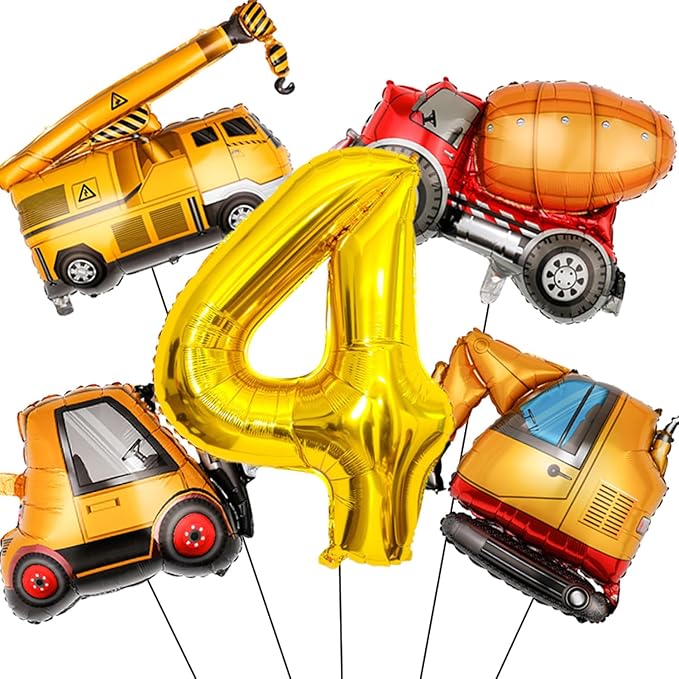 Construction Birthday Party Supplies 4 Year Old, Large Construction Balloons 40Inch Gold Number 4 Balloon Construction Truck Foil Balloons for Boys 4th Construction Birthday Party Decorations