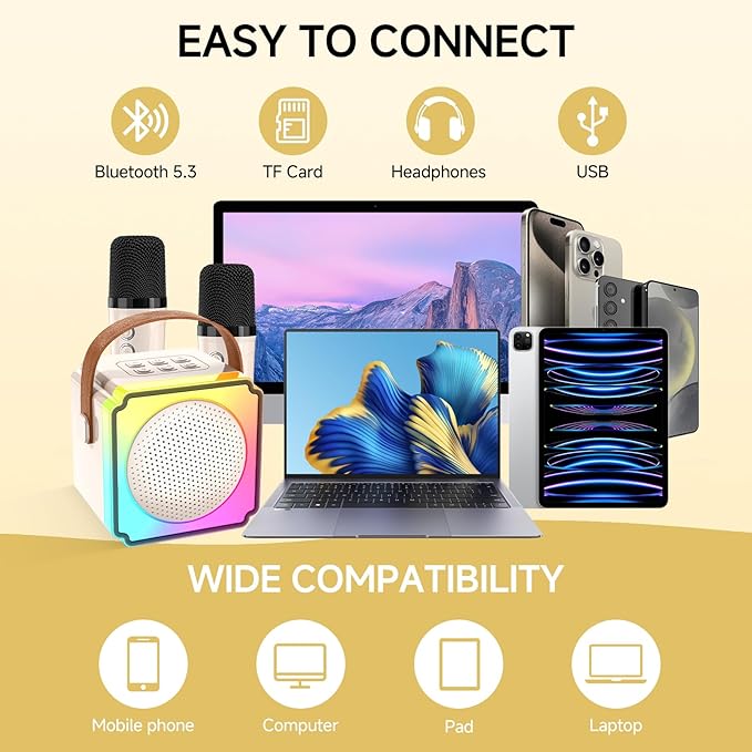 Mini Karaoke Machine for Kids and Adults,Portable Bluetooth Karaoke Speaker with 2 Wireless Microphones, Kids Karaoke Machine for Home Party,Birthday Gifts for Girls Boys（Beige）