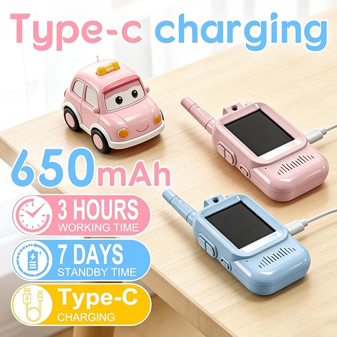 Video Walkie Talkies for Kids, 2 Pack Rechargeable Walkie Talkies with Screen,Long Range 2 Way Radio with 4 Voice Effects, Outdoor Adventure Camping Hiking, Birthday with Pink Blue Design