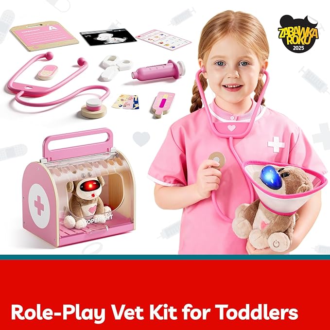 TOP BRIGHT Doctor Kit for Toddlers 3-5, Pretend Play Doctor Set with Pink Veterinarian Costume, DR Kit Dress Up Toys for Kids, Role Play Dog Vet Playset, Christmas Birthday Gifts for Girls Boys 3 4 5