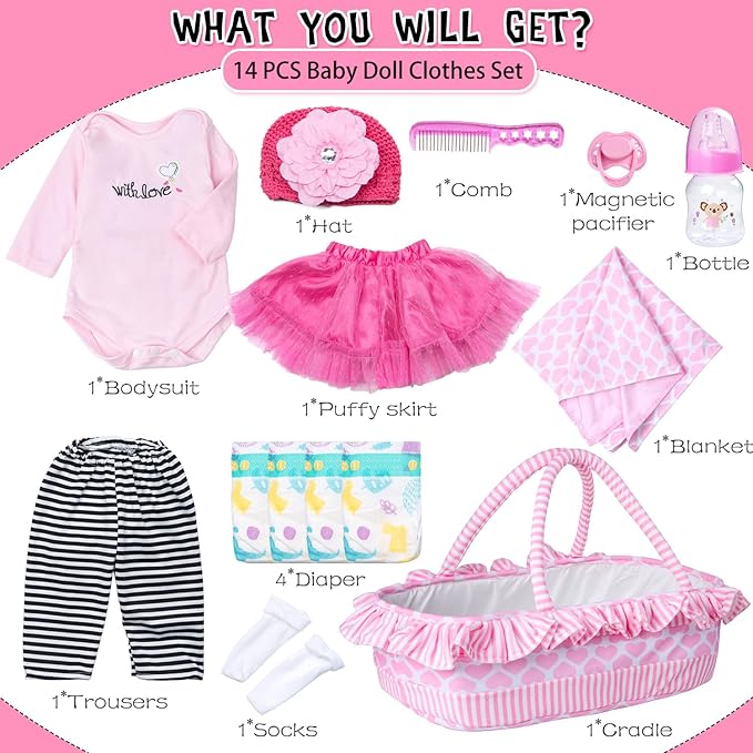 PEDOLLTREE 14 Pcs Reborn Baby Dolls Clothes Accessories Outfit with Pink Heart Bassinet and Blanket for 17-22 Inch Reborn Dolls Newborn Baby Girl