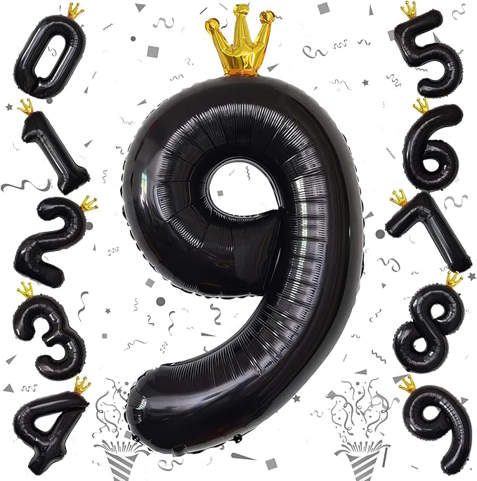 40 Inch Crown Black Number 9 Balloon, 1 Count, Perfect for Birthday Party Decorations, Unisex, All Ages