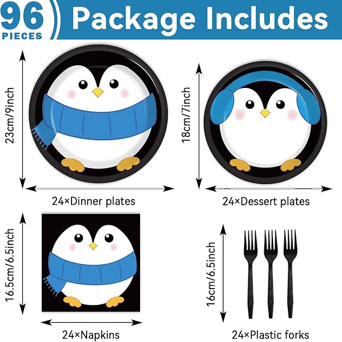 96 Pcs Penguin Birthday Party Supplies Paper Plates Napkins Winter Penguin Themed Party Winter Christmas Holiday Birthday Xmas Tableware Decorations Favors for Kids Serves 24