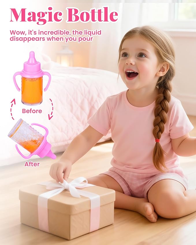 BABESIDE Baby Doll Accessories – 13 Pcs Feeding Set with Magic Bottles, Pacifiers, Bibs, Diapers & Carry Bag, Pretend Play Kit for 12–15 Inch Dolls
