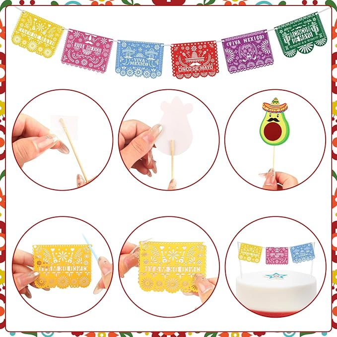 Hooqict 33Pcs Fiesta Cake Decorations Set with Mini Papel Picado Banner, Serape Ribbon, Cactus, Taco and Flower Mexican Cake Toppers & Cupcake Toppers for Cinco de Mayo Mexican Theme Party Decorations
