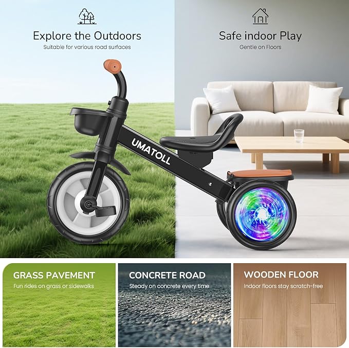 Umatoll Tricycle for Toddlers 2-5 Year Old, Ajustable Toddler Bike Outdoor Toys, Birthday Gift for Boy Age 2-4, Trike with Light up Wheels