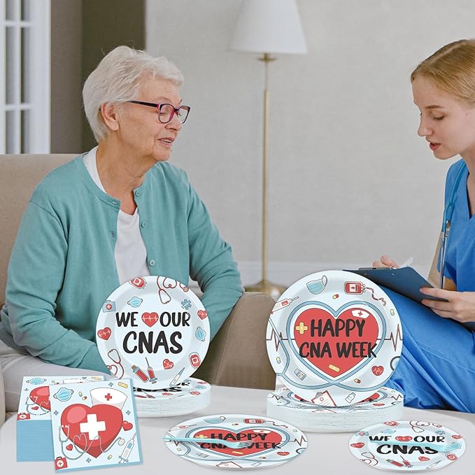 CHUNNIN 96Pcs Happy CNA Week Plates and Napkins Nurse Appreciation Week Party Decorations We Love Our CNAS Dessert Plates Nurse Tableware for 24 Guests CNA Appreciation Week Party Supplies