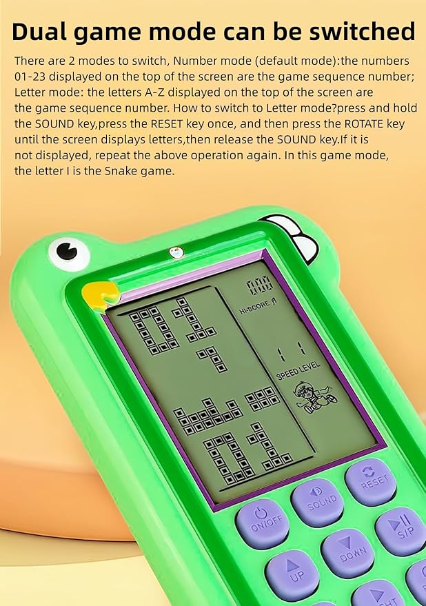 Cartoon Block Game Console Big Screen 23/26 Bricck Game Dual Mode Silicone Buttons Dual Powered by Rechargeable Lithium Battery/AA Retro Handheld Portable Toy Children/Teens Gifts (Orange)