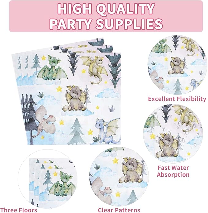 Grencian 96Pcs Dragon Baby Shower Decorations Watercolor Dragons Plates and Napkins Disposable A Little Dragon On The Way Paper Tableware for Boys Girls Baby Shower Party Supplies, Serves 24