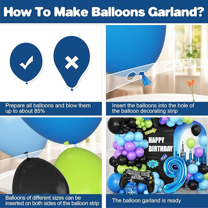 9th Birthday Video Game Balloons Arch, 9th Party Balloons Garland Kit 9th Game Birthday Supplies with Blue Number 9 Balloon Game Foil Balloons for 9 Year Old Teens Boys Decor