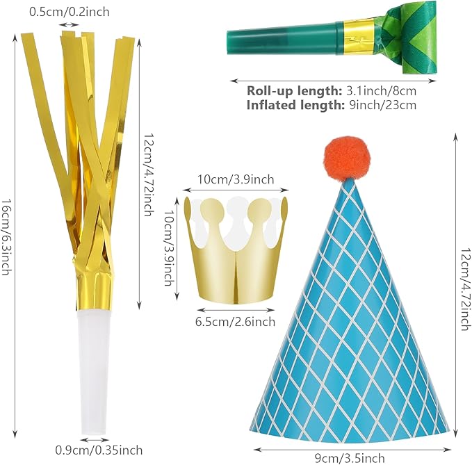 Skylety 59 Pieces Party Cone Hats with Colorful Blowers and Metallic Fringed Noisemakers Birthday Blowouts Horns Whistles Musical Noisemaker for Adults Birthday Party Supplies