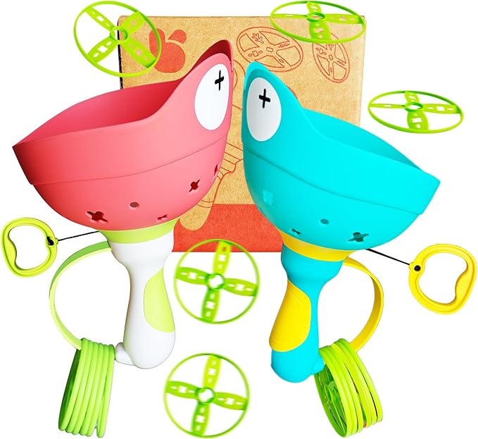 Disc Launcher Toy Kids Yard Flying Spinner Fairy Hover Helicopter Propeller Toy Outdoor Capture Catching Chasing Game Gift for Boy Girl Age 4 5 6 7 8 9 10 with 12 mini Discs