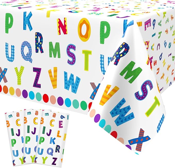 3Pcs Alphabet Plastic Tablecloth, 54 x 108 Inch Educational ABC Alphabet Party Table Cover for Early Learning, Boys and Girls Birthday Party Supplies